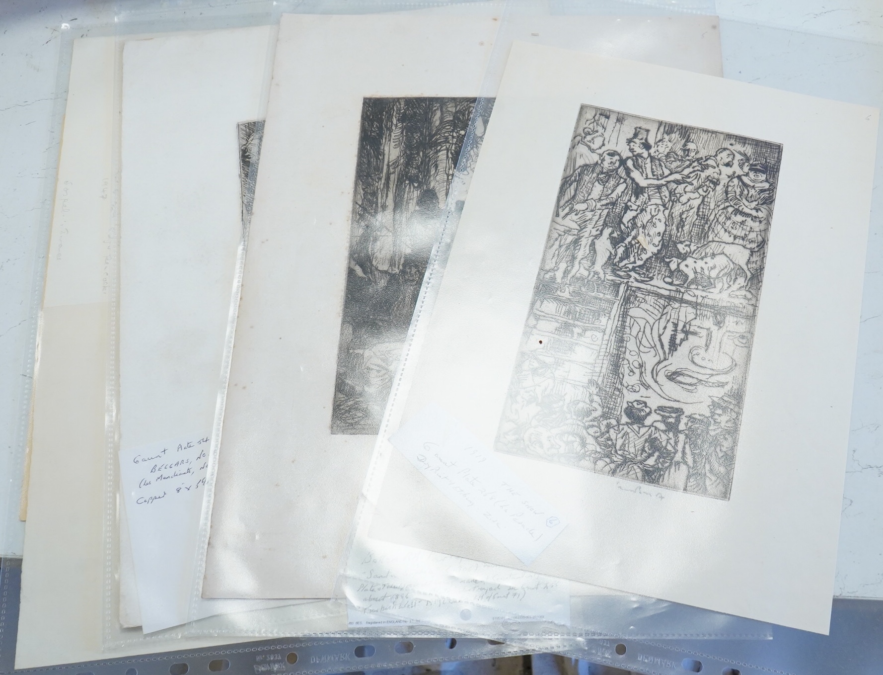 Frank Brangwyn RA RWS RBA (Welsh, 1867-1956), a collection of six etchings and prints, signed in pencil, to include 'The Show' and 'The Beggars', each unframed, largest 40 x 29cm